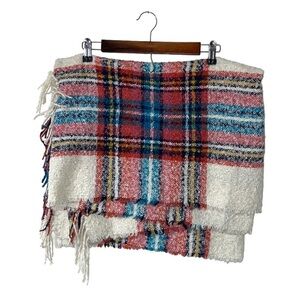 Aerie Plaid Fuzzy Blanket Scarf Red Blue White Fall Soft Cozy